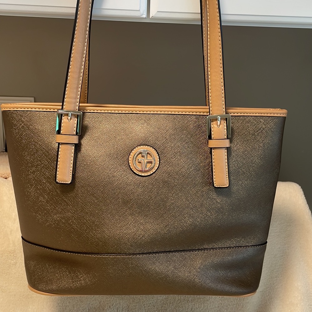 Giani Bernini Bronze Faux Saffiano Zip Tote Handbag w Faux Tan Leather Handles